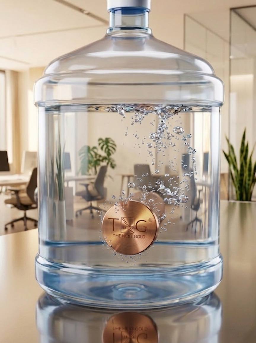 A copper coin floating inside a 20 litre office water can