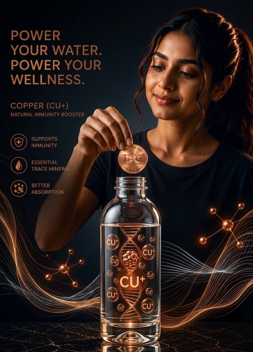 Woman dropping The Next Gold copper coin into a glass bottle — copper essential trace minerals for daily wellness