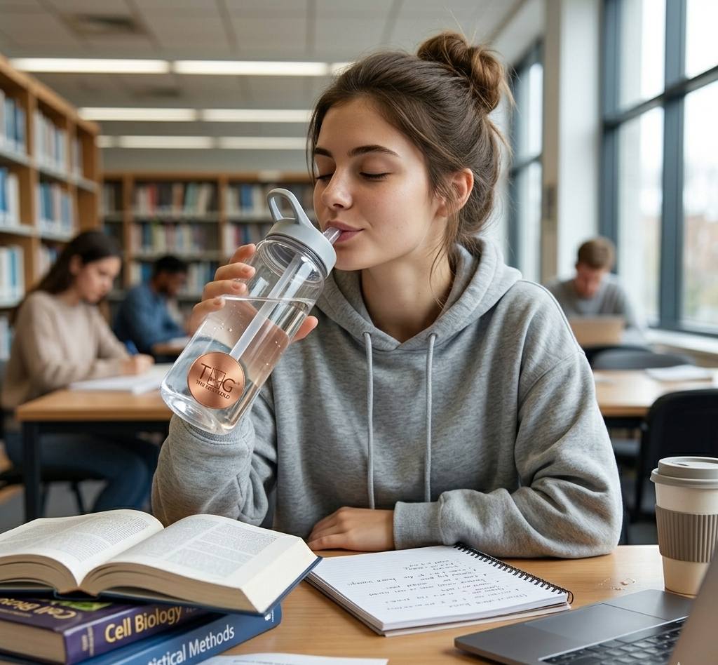 Student studying with copper water in a glass beside textbooks