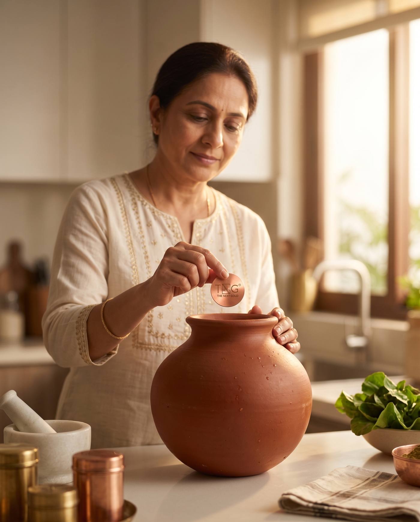 A woman dropping a copper coin into a clay matka in a sunlit kitchen
