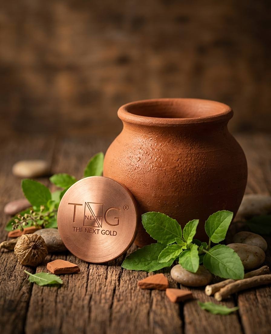 The Next Gold copper coin resting in front of a clay matka with fresh mint and herbs